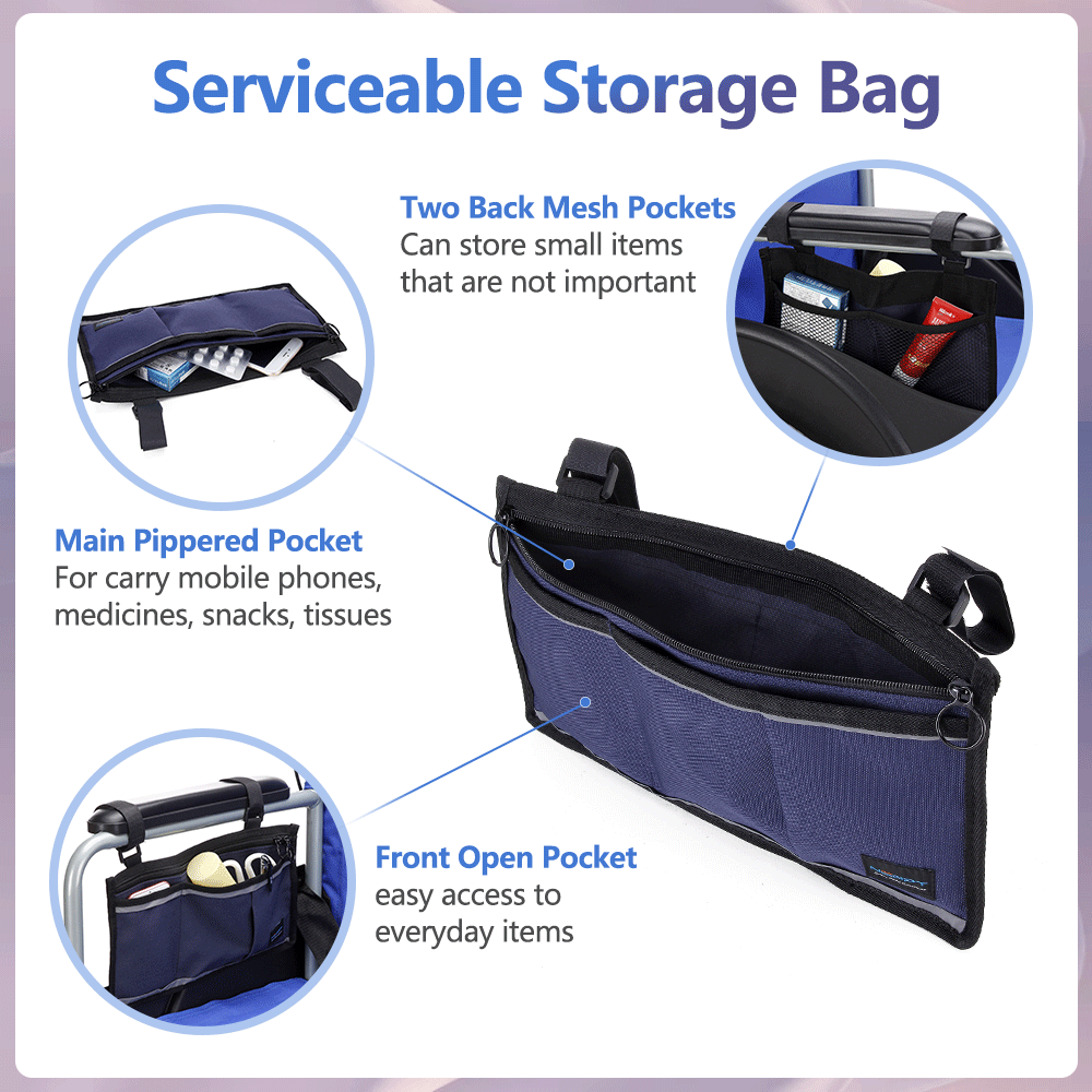 Walker Bag Wheelchair Electric Scooter Bag Travel Carry Bag Pouch Armrest Side Organizer Mesh Storage Cover - Fits Most Bed Rail, Scooters, Walker, Power & Manual Electric Wheelchair (Dark Blue)