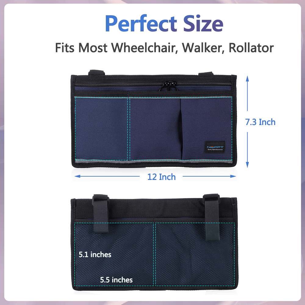 Walker Bag Wheelchair Electric Scooter Bag Travel Carry Bag Pouch Armrest Side Organizer Mesh Storage Cover - Fits Most Bed Rail, Scooters, Walker, Power & Manual Electric Wheelchair (Dark Blue)