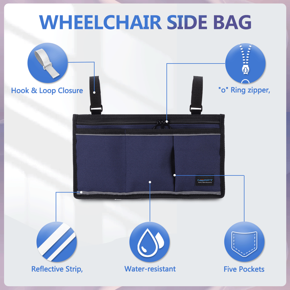 Walker Bag Wheelchair Electric Scooter Bag Travel Carry Bag Pouch Armrest Side Organizer Mesh Storage Cover - Fits Most Bed Rail, Scooters, Walker, Power & Manual Electric Wheelchair (Dark Blue)