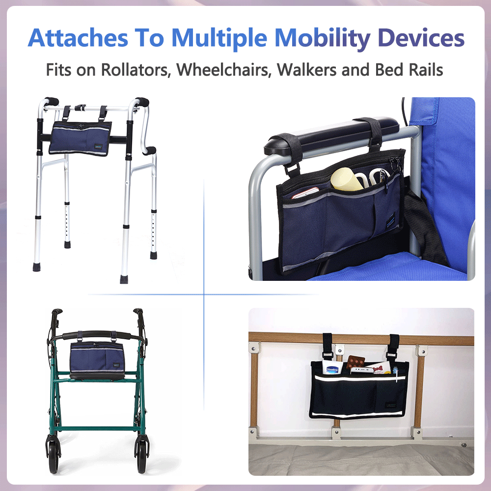 Walker Bag Wheelchair Electric Scooter Bag Travel Carry Bag Pouch Armrest Side Organizer Mesh Storage Cover - Fits Most Bed Rail, Scooters, Walker, Power & Manual Electric Wheelchair (Dark Blue)