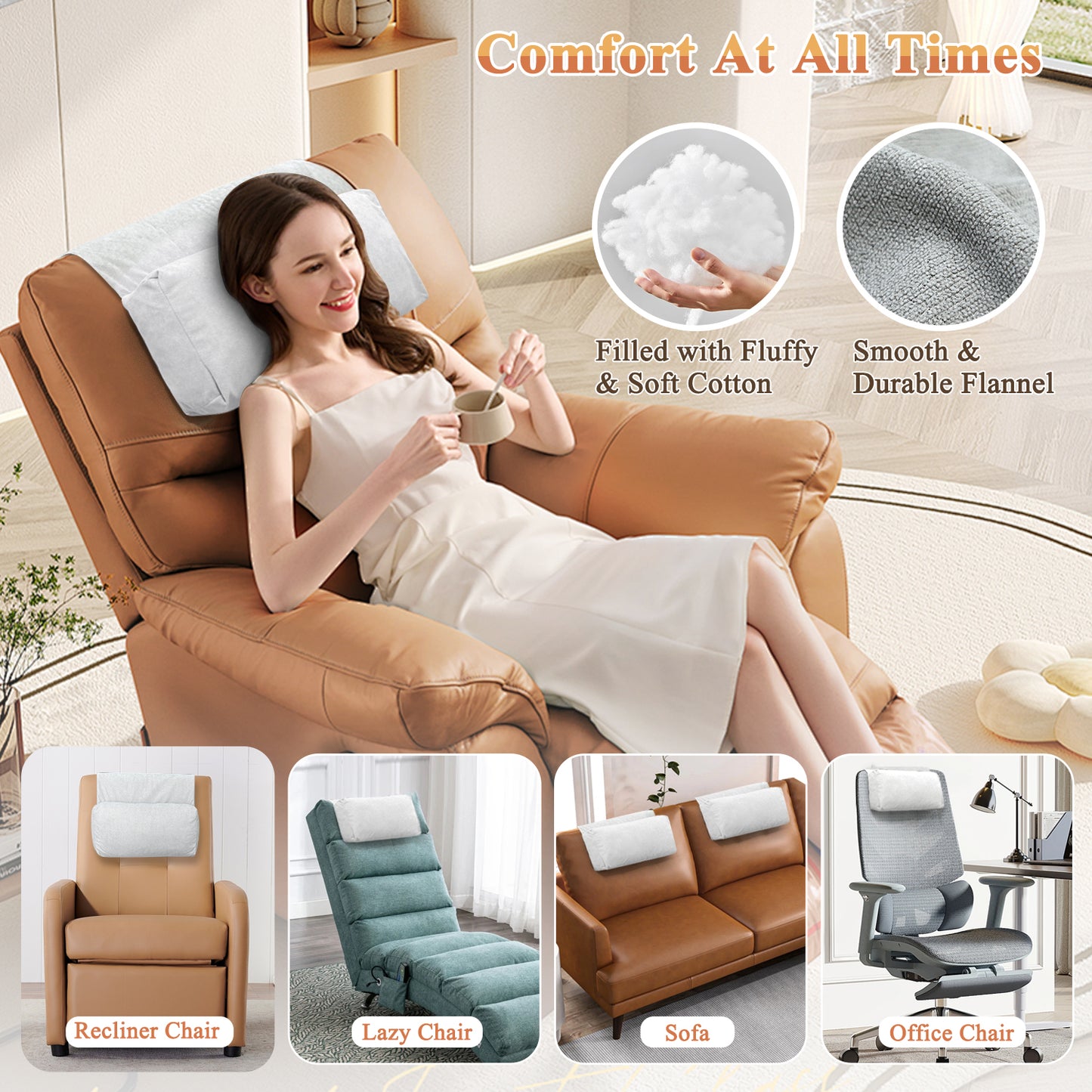 Recliner Pillow for Headrest, Neck and Head Pillow for Recliner Chair, Neck Support Pillow for Chair Head Rest, Couch Neck Pillow Headrest Cushion for Pain Relief, Cervical Support with Storage Pocket