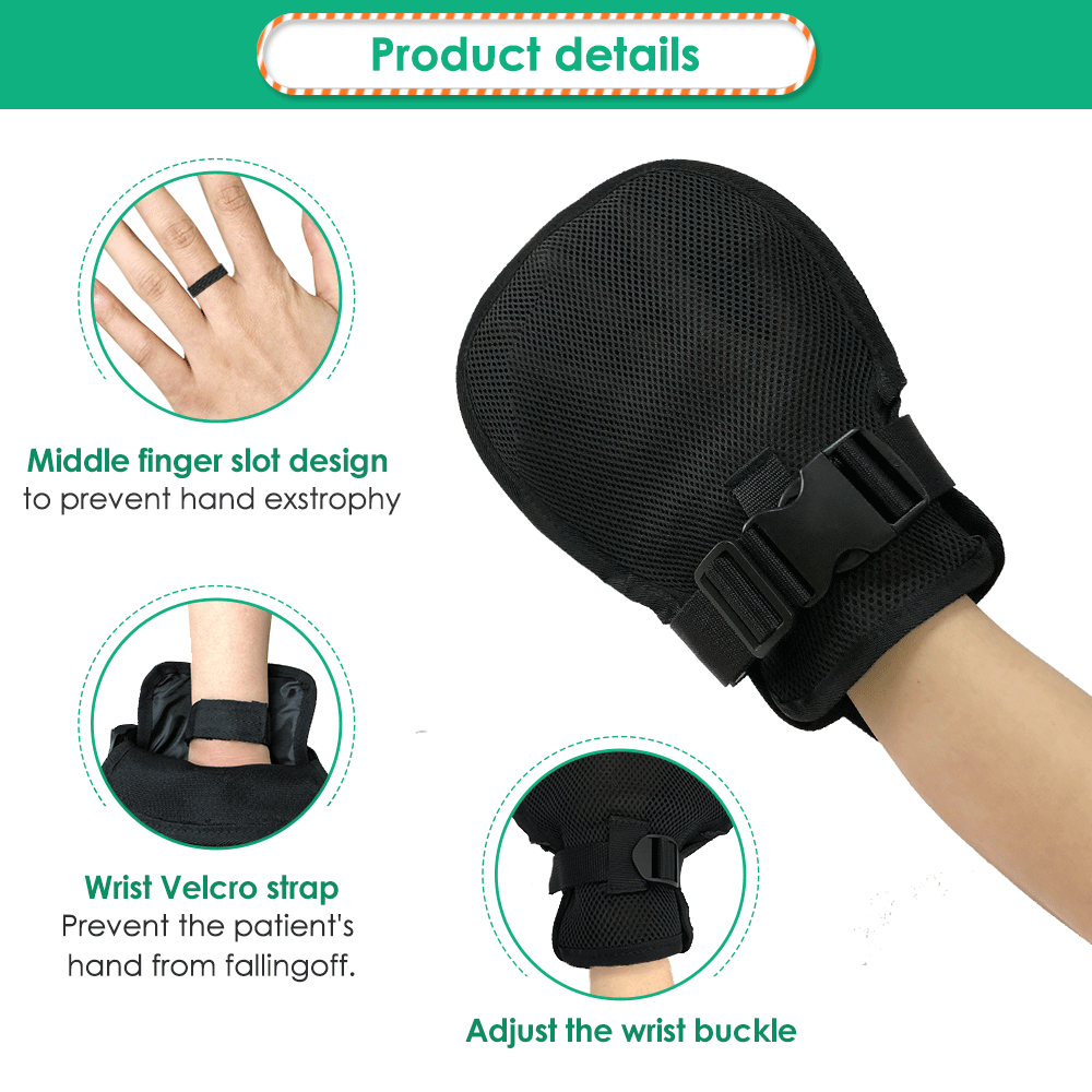 Bed Restraints Mitts Safety Hand Control Medical Mittens Dementia Gloves Protectors Hand, Prevent Scratching, 1 Pair, Black